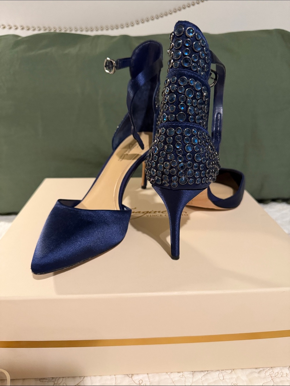 Vince Camuto Navy Satin Jeweled Ankle-Strap Pumps Bridal Shoes Something Blue